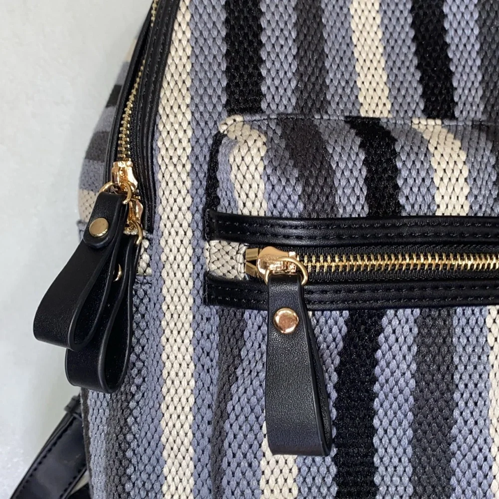 MODA Luxe Trent Backpack Blue Striped Patterned Fabric Faux Leather Travel Bag